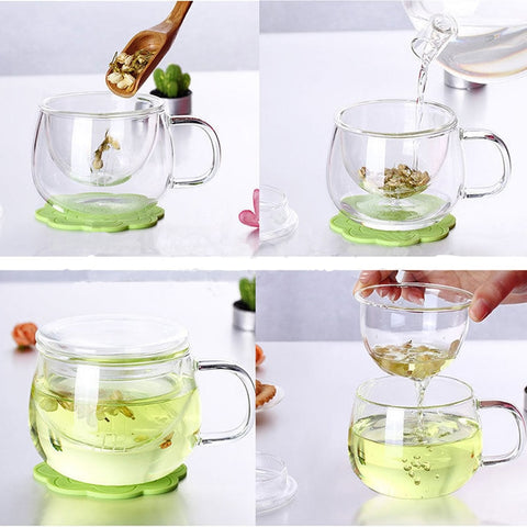 Tea Glass Cup with Filter, Pad and Lid