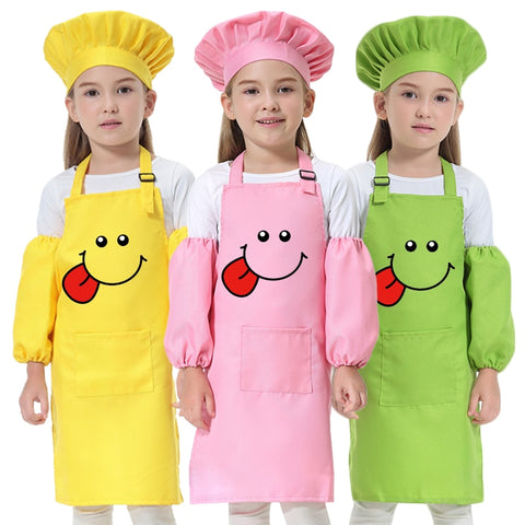 Aprons for Children Colorful and Fun with Sleeves and Hat Included.